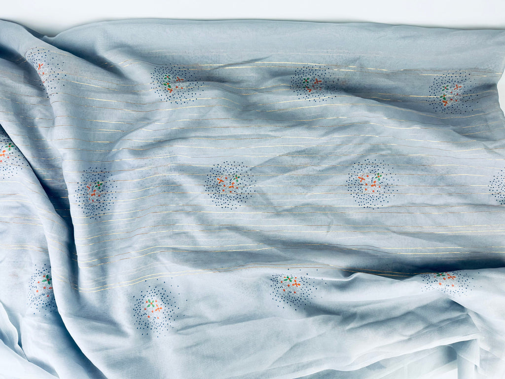Product image for 'vintage grey lightweight sheer asian floral print metallic striped crepe fabric by lady hamilton 44 x 208 made in japan' (view 0c43b8)