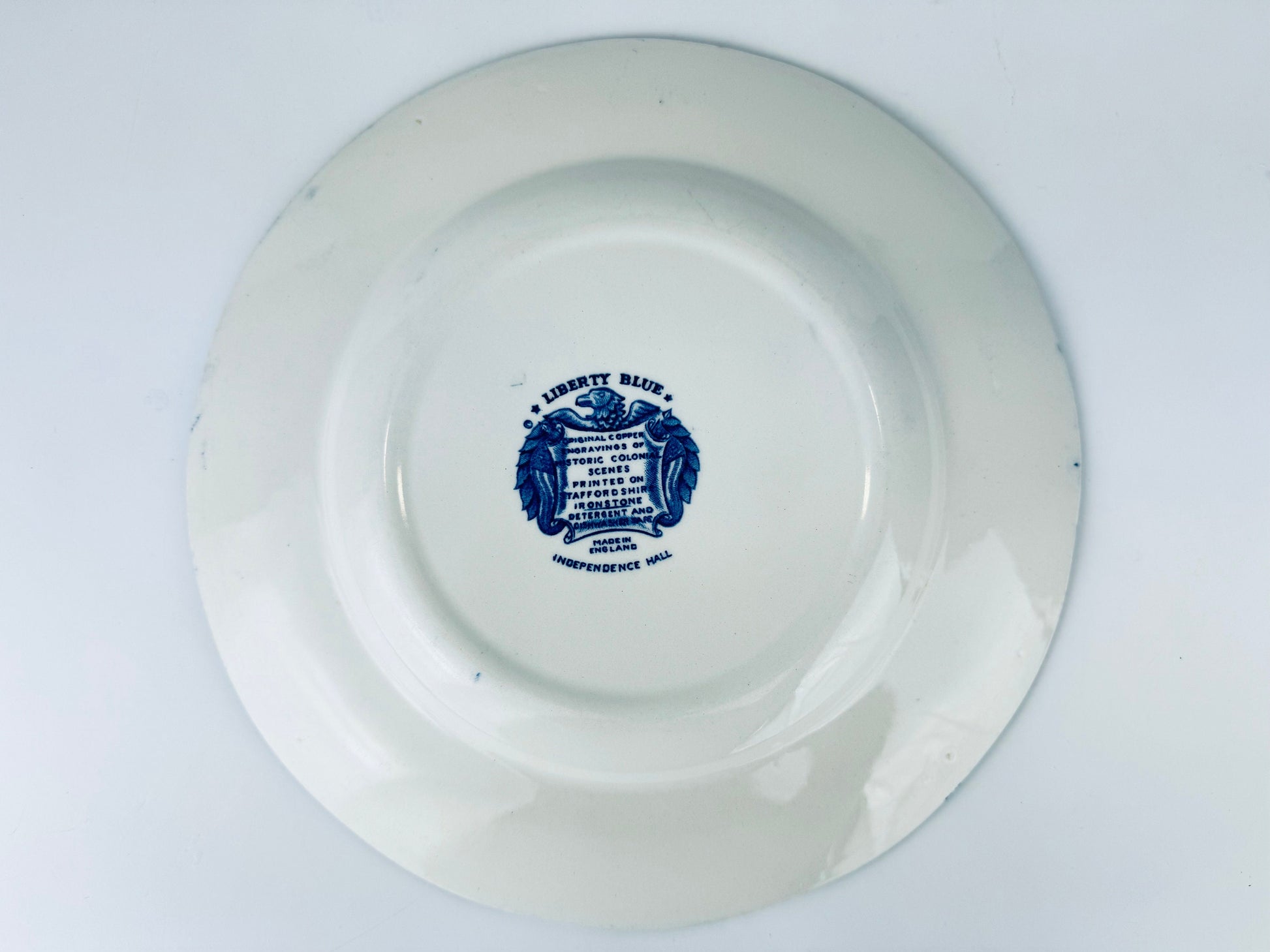 Product image for 'vintage liberty blue staffordshire ironstone 9 75 replacement plates independence hall pattern made in england sold individually' (view ae6435)