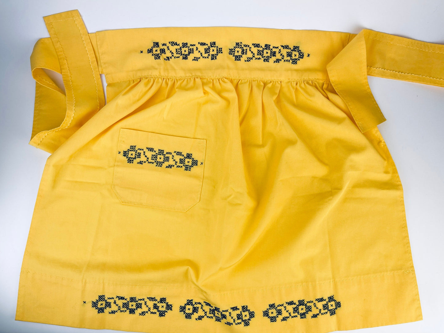 Product image for 'vintage yellow black embroidered waist apron right pocket detail' (view bb6623)