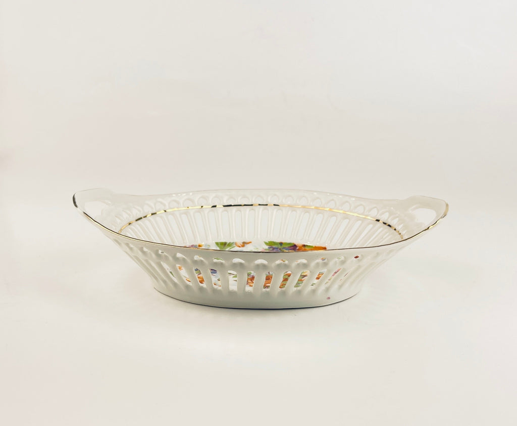 Product image for 'vintage reticulated ceramic dish flower motif pattern with gold rimmed top made in germany' (view 69bf2c)