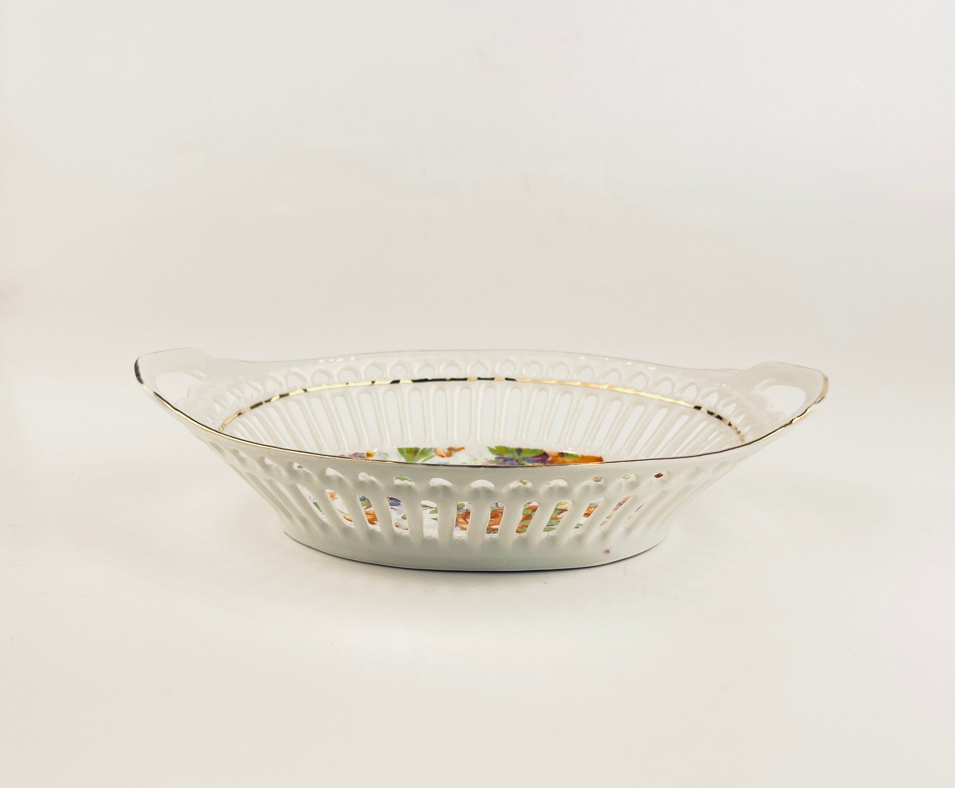 Product image for 'vintage reticulated ceramic dish flower motif pattern with gold rimmed top made in germany' (view 69bf2c)