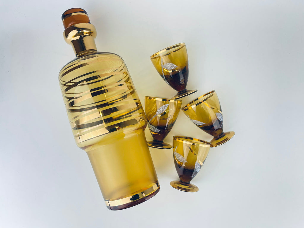 Product image for 'vintage amber gold striped glass barware set decanter shot glasses bohemia crystal made in czechoslovakia barware gift' (view fc8de7)