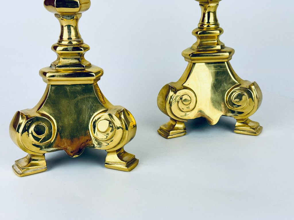 Product image for 'vintage hollywood regency tall solid cast brass candle stick holders set of two 2 attractive aged metal patina' (view dc265e)