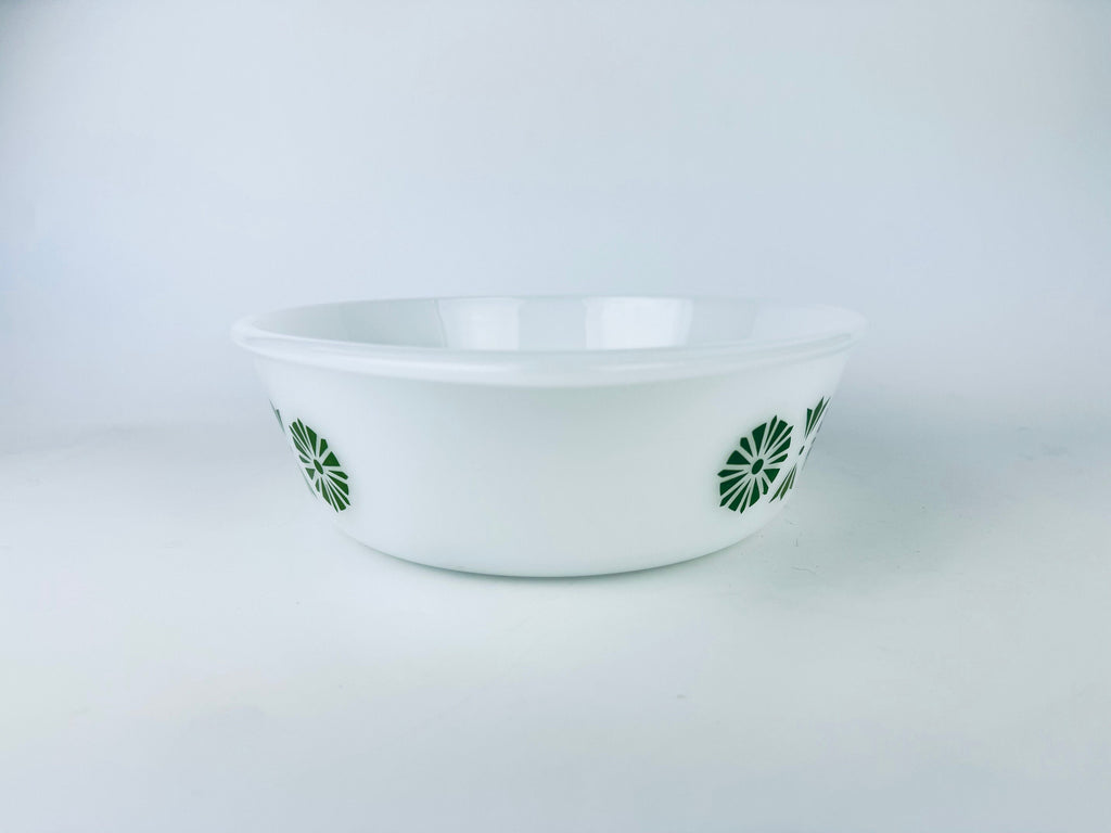 Product image for 'vintage glasbake green pinwheel bushel of wheat pattern casserole dish 514 2 qt made in usa' (view 2d160e)