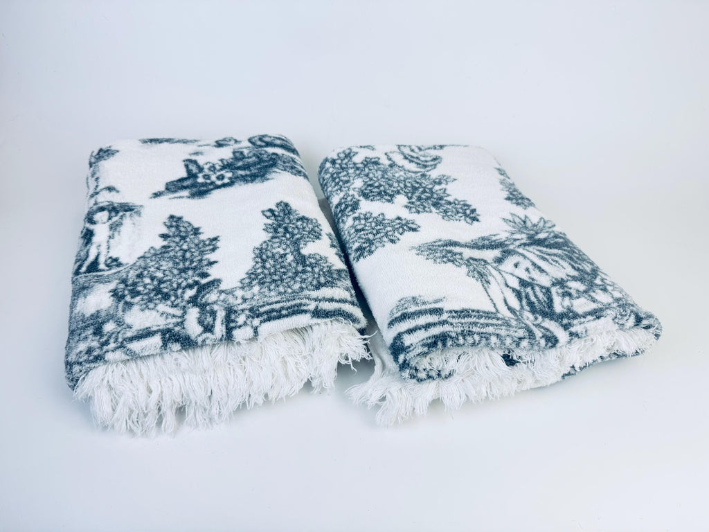 Product image for 'vintage toile print white dark grey fringe bath towel made in canada by wabasso 100 cotton towels sold separately' (view a3193f)