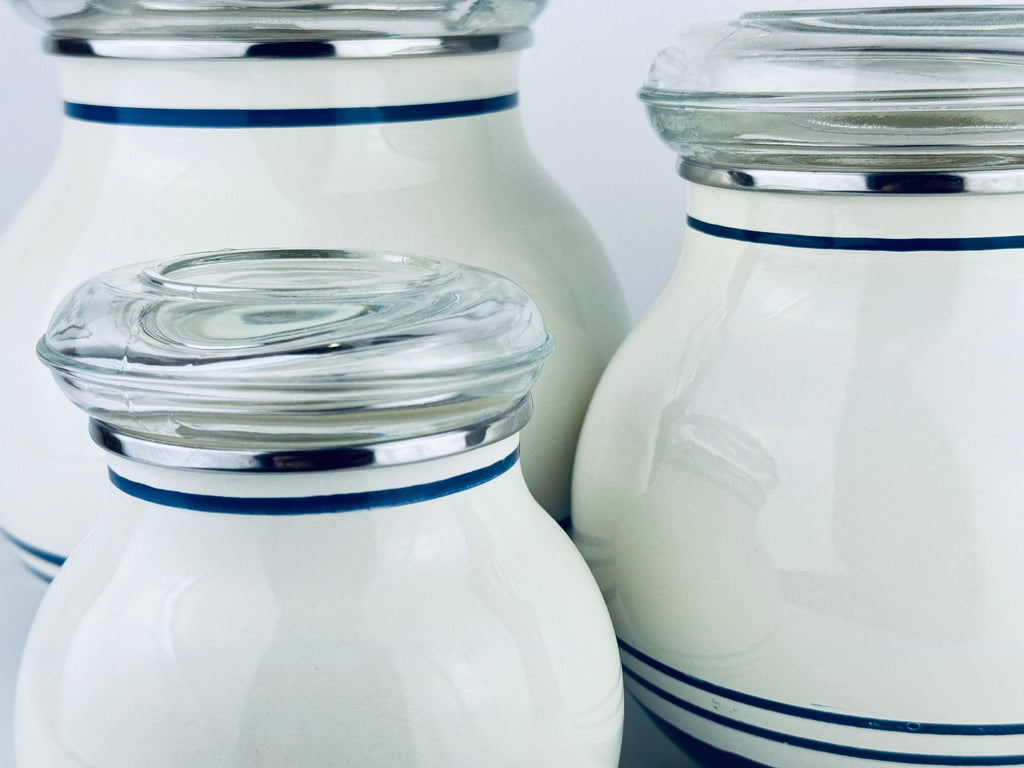Product image for 'vintage ikea beige blue striped enamelled metal round airtight countertop canister set set of three 3' (view 2295a3)