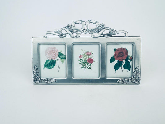 Product image for 'vintage pewter silver floral bow tabletop trio picture frame made in canada' (view 2f38d5)
