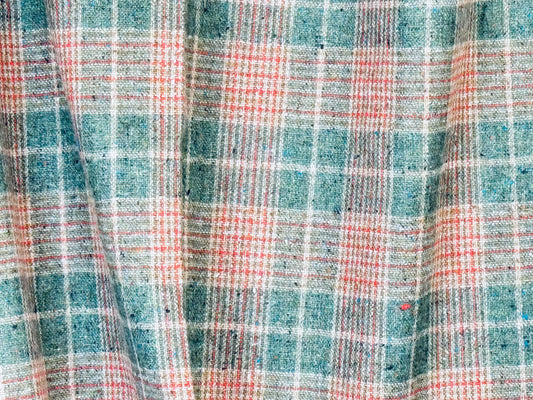 Vintage Green Beige + Red Plaid Wool Fabric Material - 57" x 60"