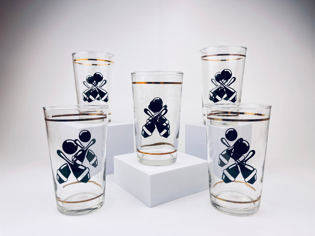 Product image for 'vintage bowling federal glasses set of five 5 tall clear glass with gold black' (view 43dfc5)