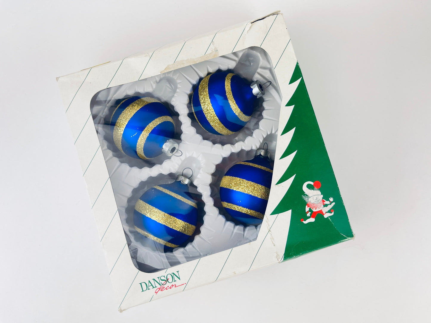 Product image for 'vintage blue gold striped glass christmas tree ornaments set of four 4 made in german democratic republic' (view acd862)
