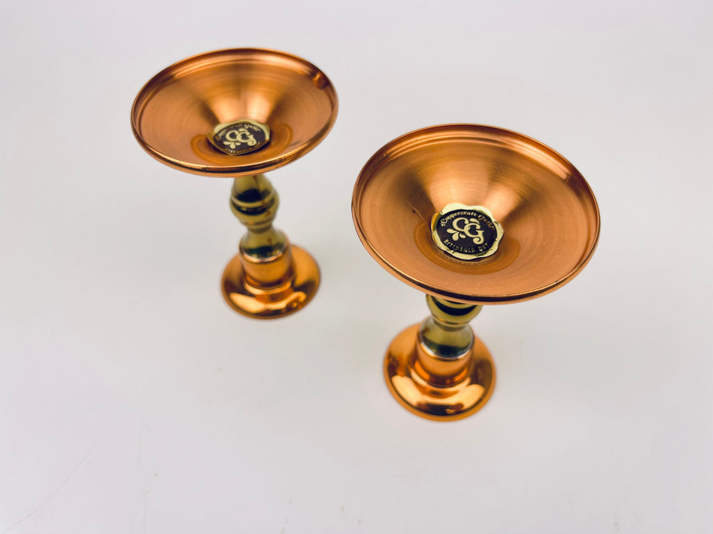 Product image for 'vintage copper brass candlestick holders attractive aged metal patina set of two 2 coppercraft guild' (view f74227)