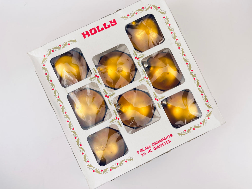 Product image for 'vintage gold glass christmas tree ornaments set of eight 8 american made by holly ornaments rustic aged' (view b86586)