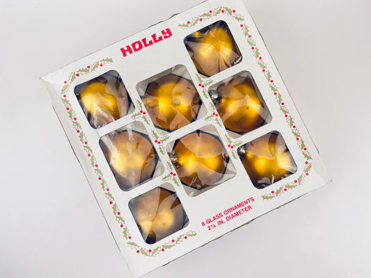 Product image for 'vintage gold glass christmas tree ornaments set of eight 8 american made by holly ornaments rustic aged' (view b86586)
