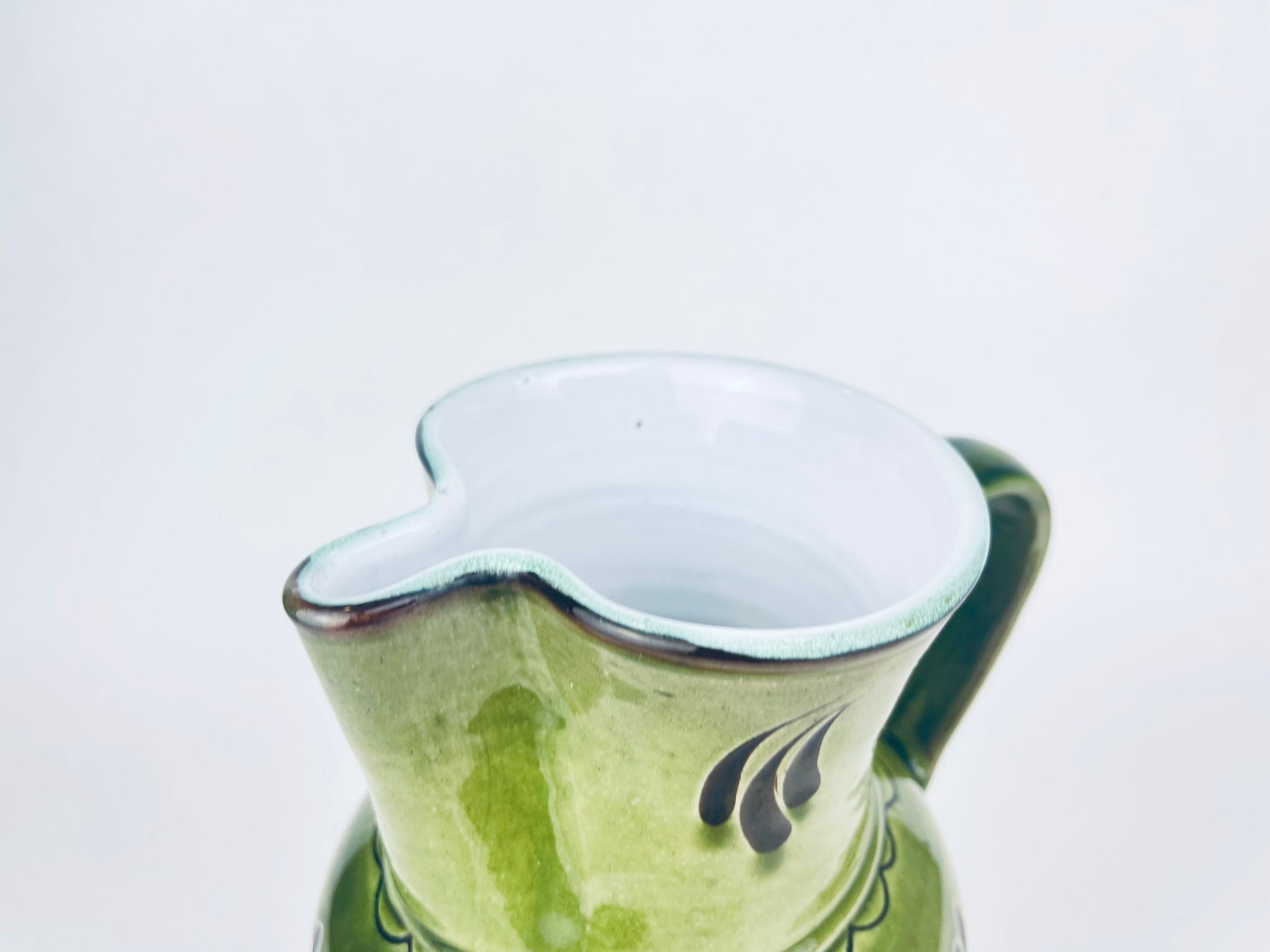 Product image for 'vintage hungarian folk green terracotta jug ruffled pour spout honeysuckle pattern' (view 40e335)