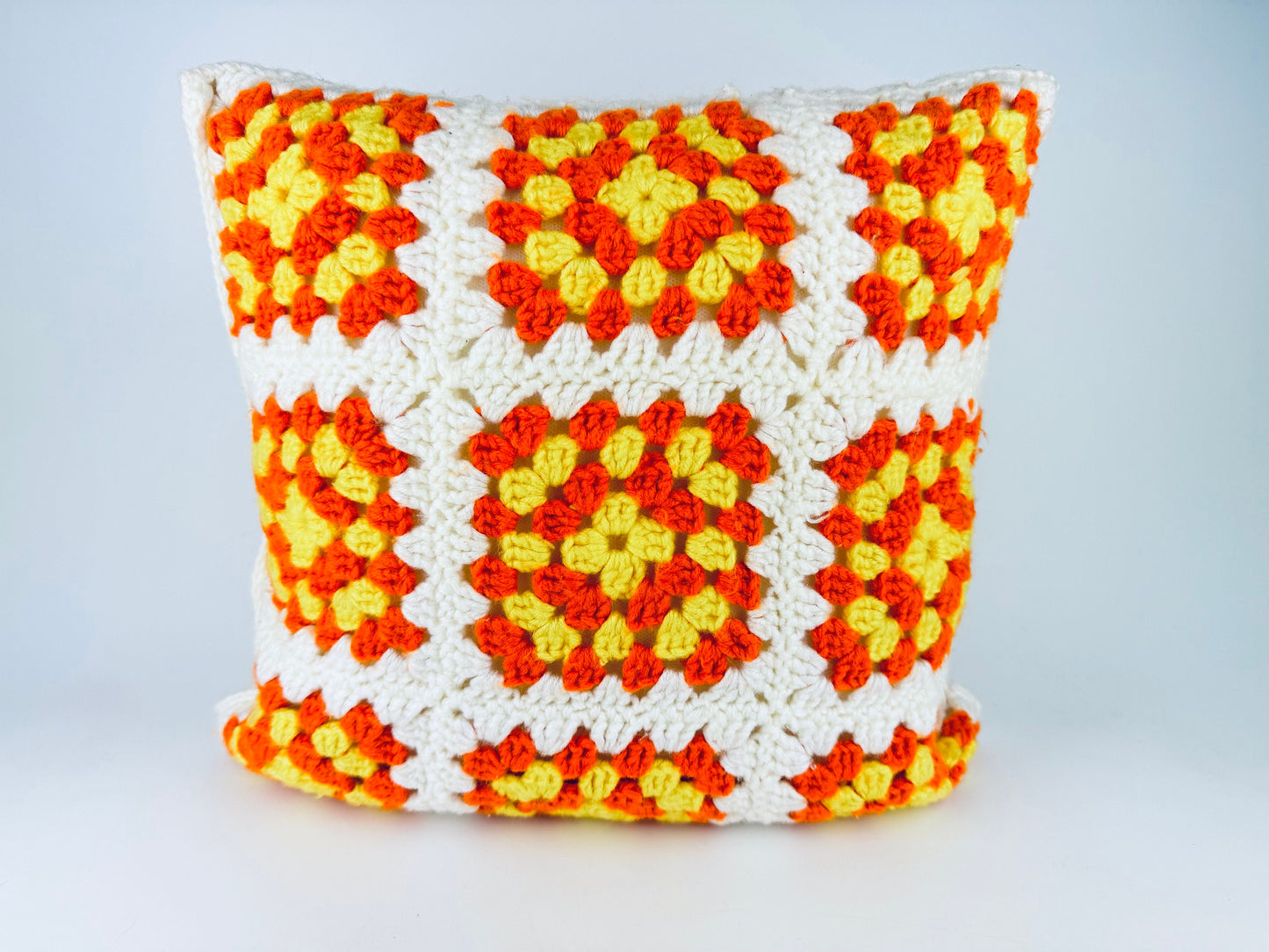 Product image for 'vintage handmade crocheted granny square accent pillow cover sham 14 x 14 orange yellow floral square' (view 259442)