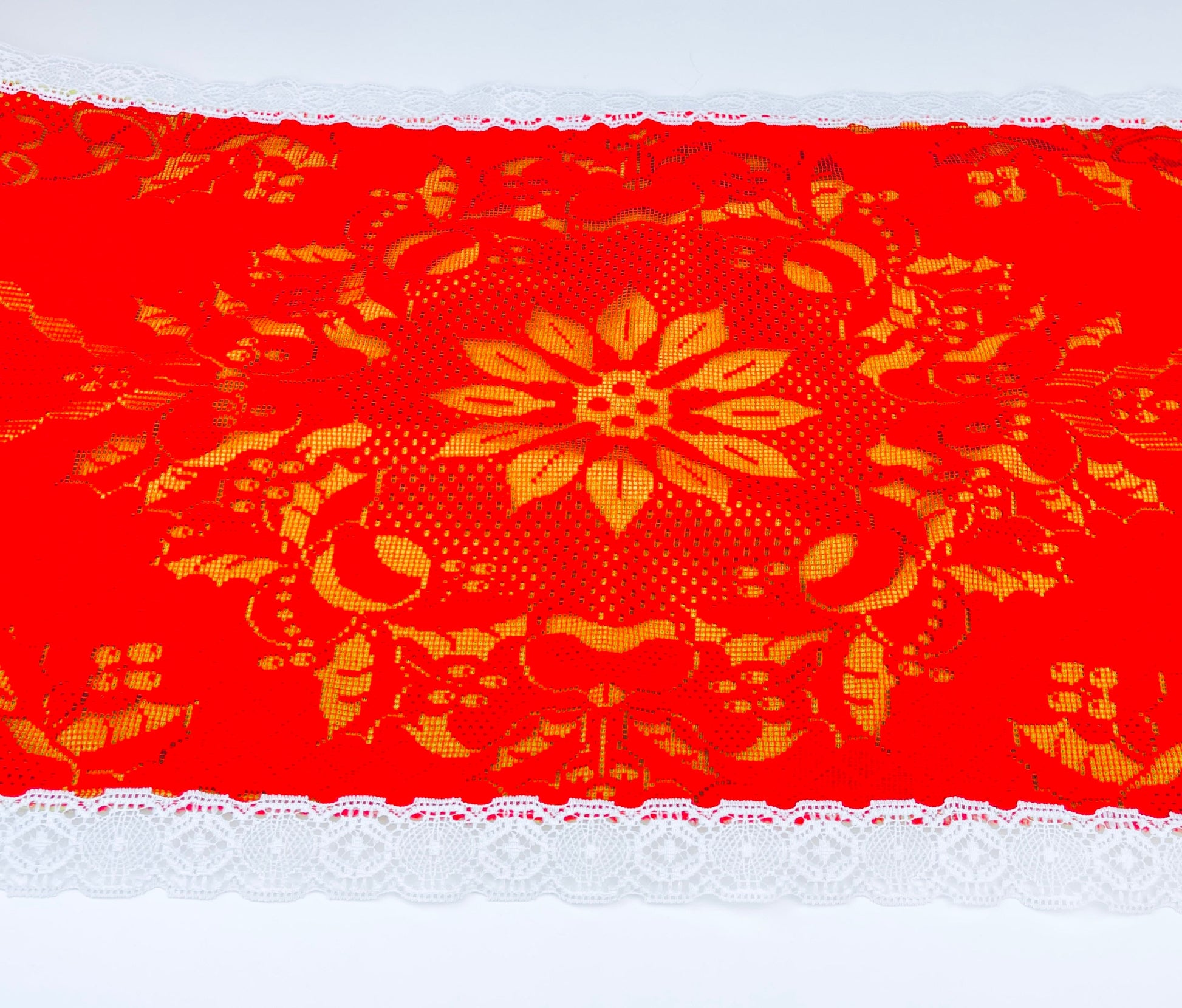 Product image for 'vintage christmas table runner poinsettia bells red green white lace pattern 16 5 x 44' (view 74c38c)