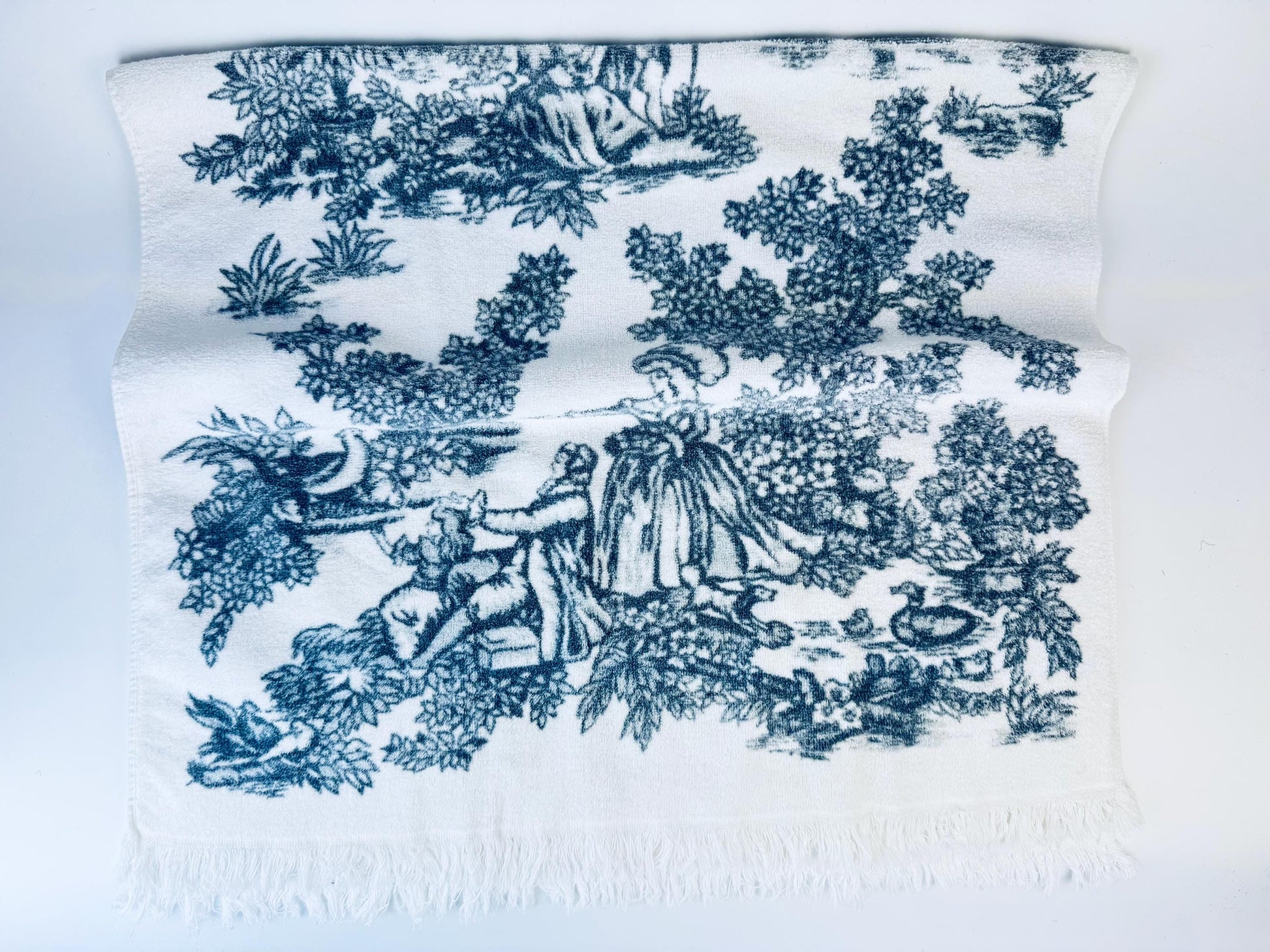 Product image for 'vintage toile print white dark grey fringe bath towel made in canada by wabasso 100 cotton towels sold separately' (view 772012)