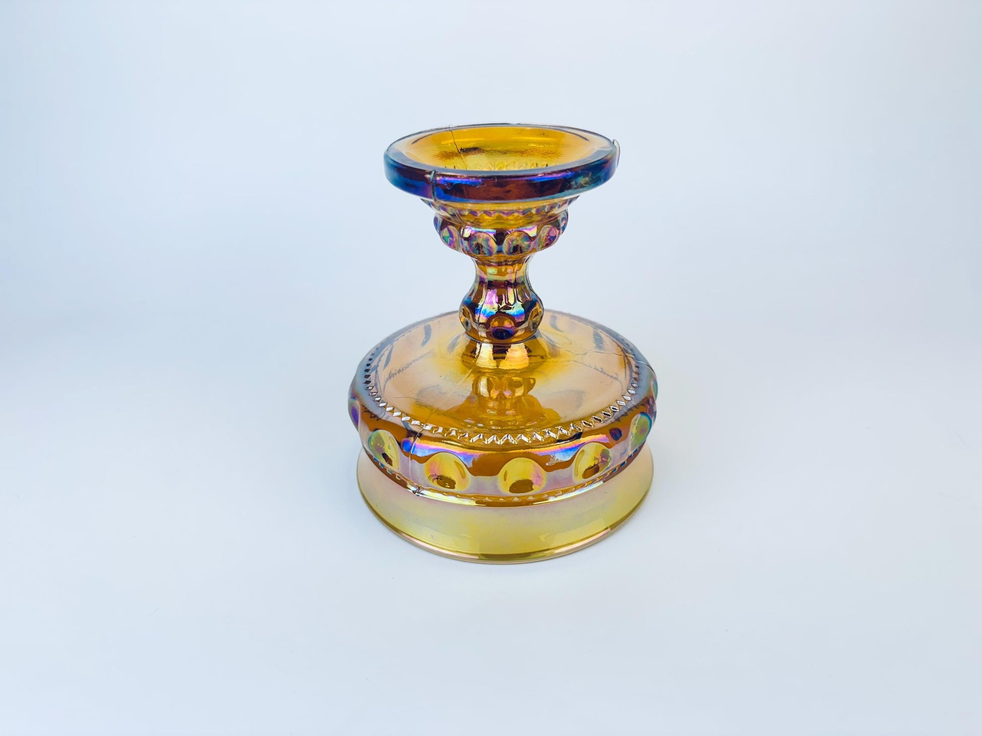 Product image for 'vintage amber carnival glass kings crown thumbprint pedestal compote candy bowl by indiana glass company' (view 33415c)