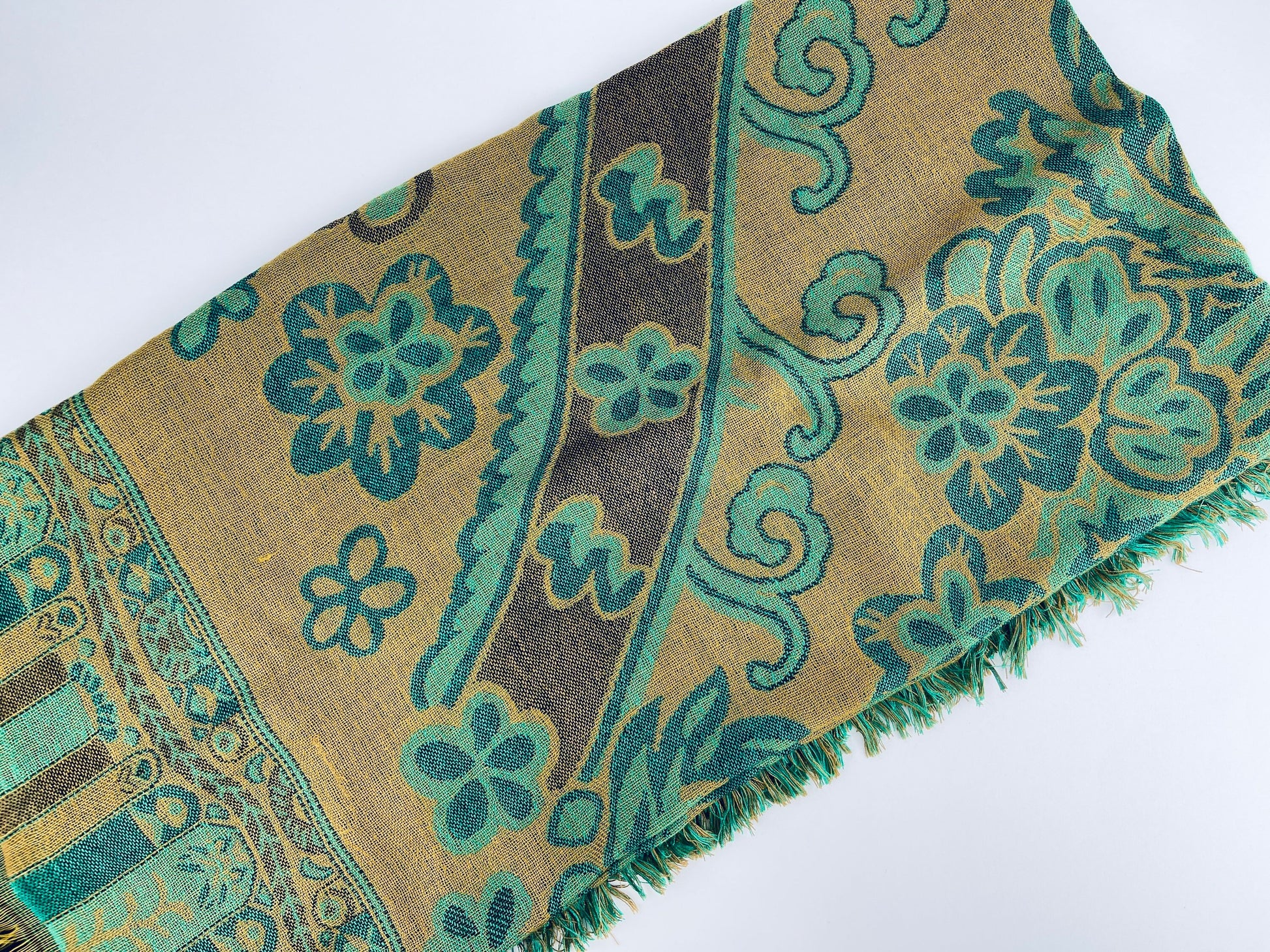 Product image for 'vintage green brown floral scroll fringe table cloth' (view c68ec2)