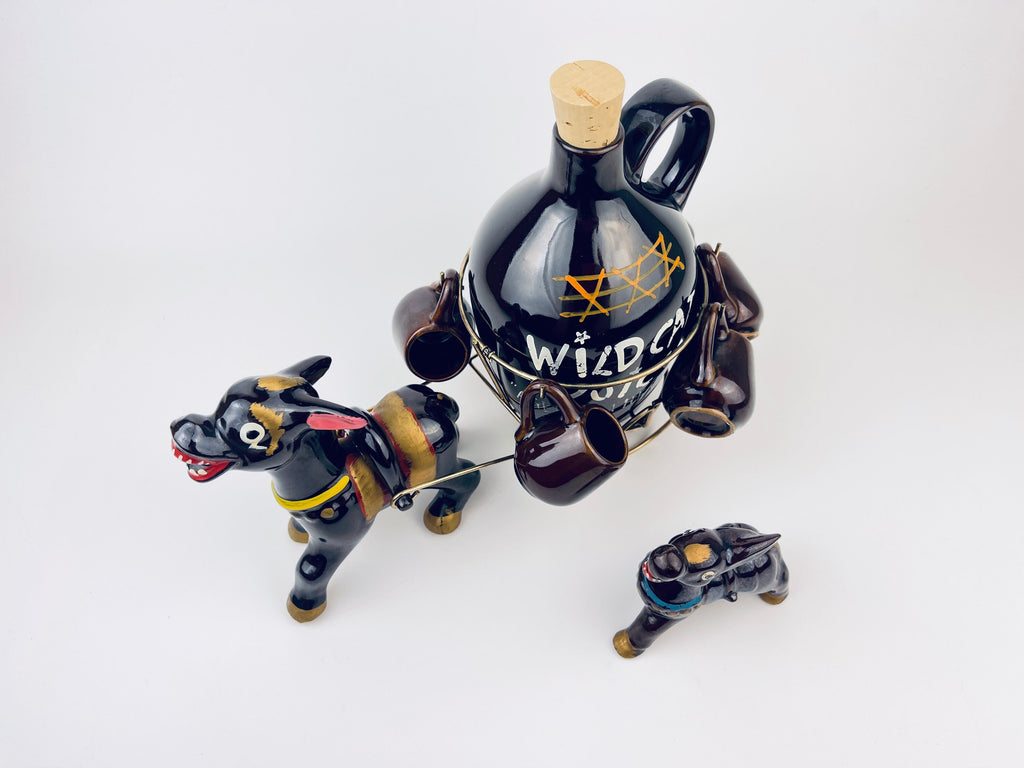 Product image for 'vintage red clay donkey moonshine decanter shoot glass barware set set of six 6 made in japan wild cat juice aged in the wild' (view bd39a9)