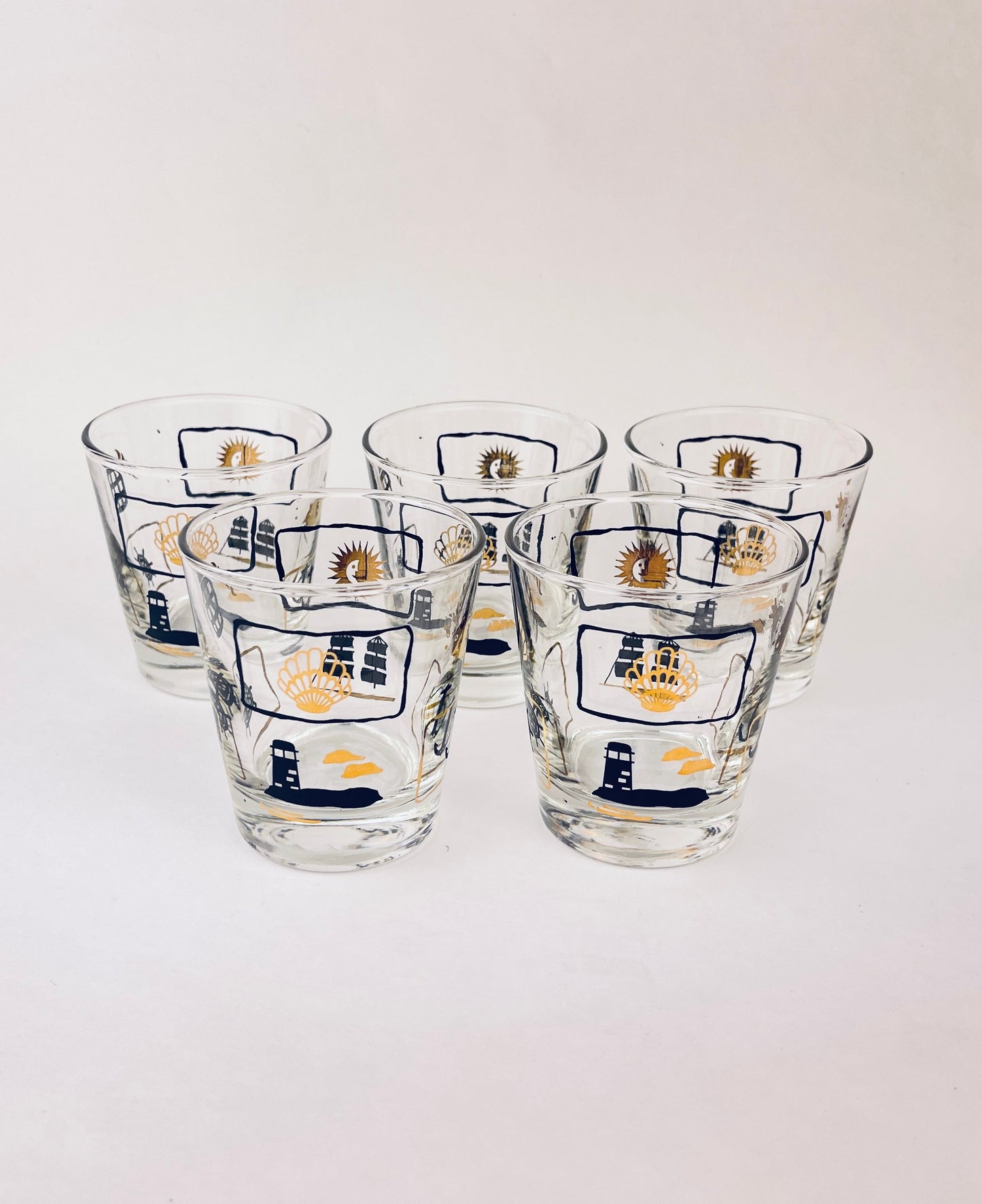 Product image for 'vintage dominion glass nautical pattern whiskey lowball glasses set of five 5' (view d15617)