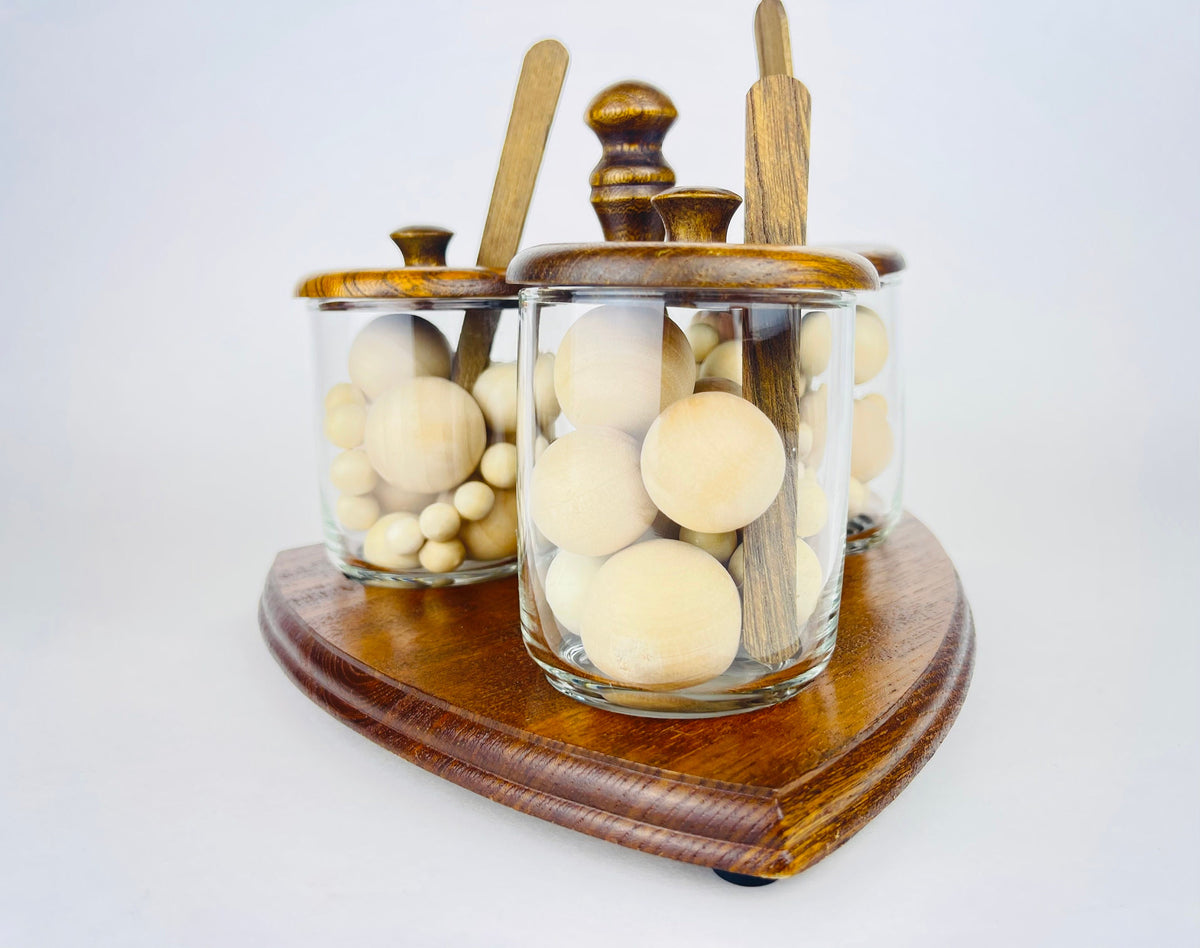 Product image for 'vintage mid century glass condiment caddy set trio of jars with wooden lids spoons' (view ec888e)