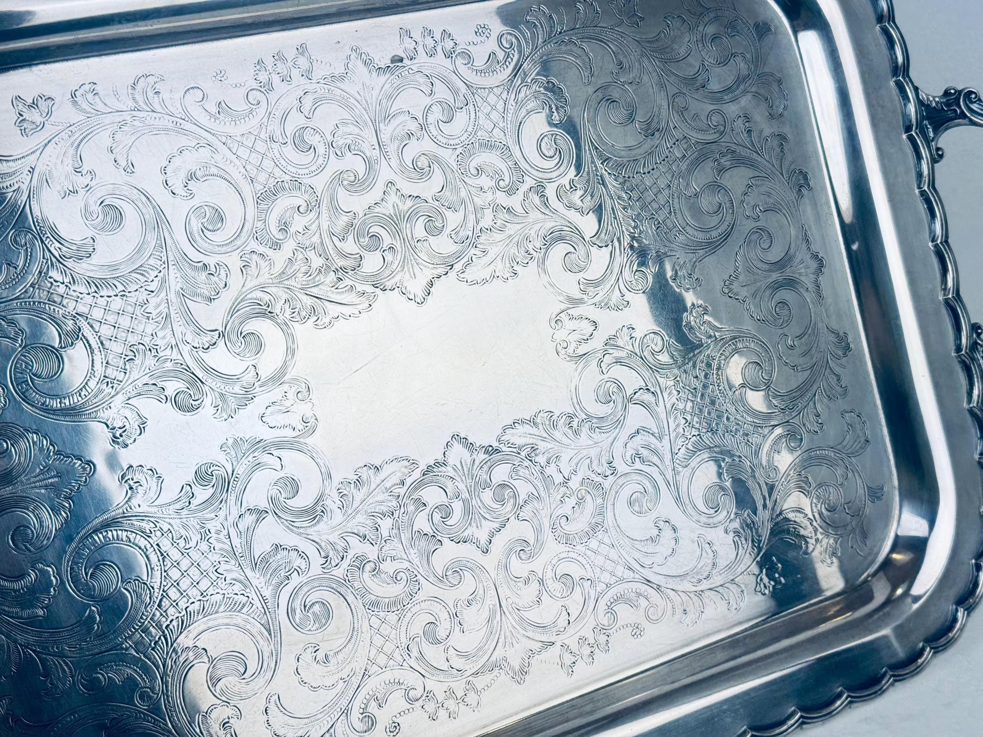 Product image for 'vintage antique ornate scroll silver handled tray primerose plate' (view e55237)