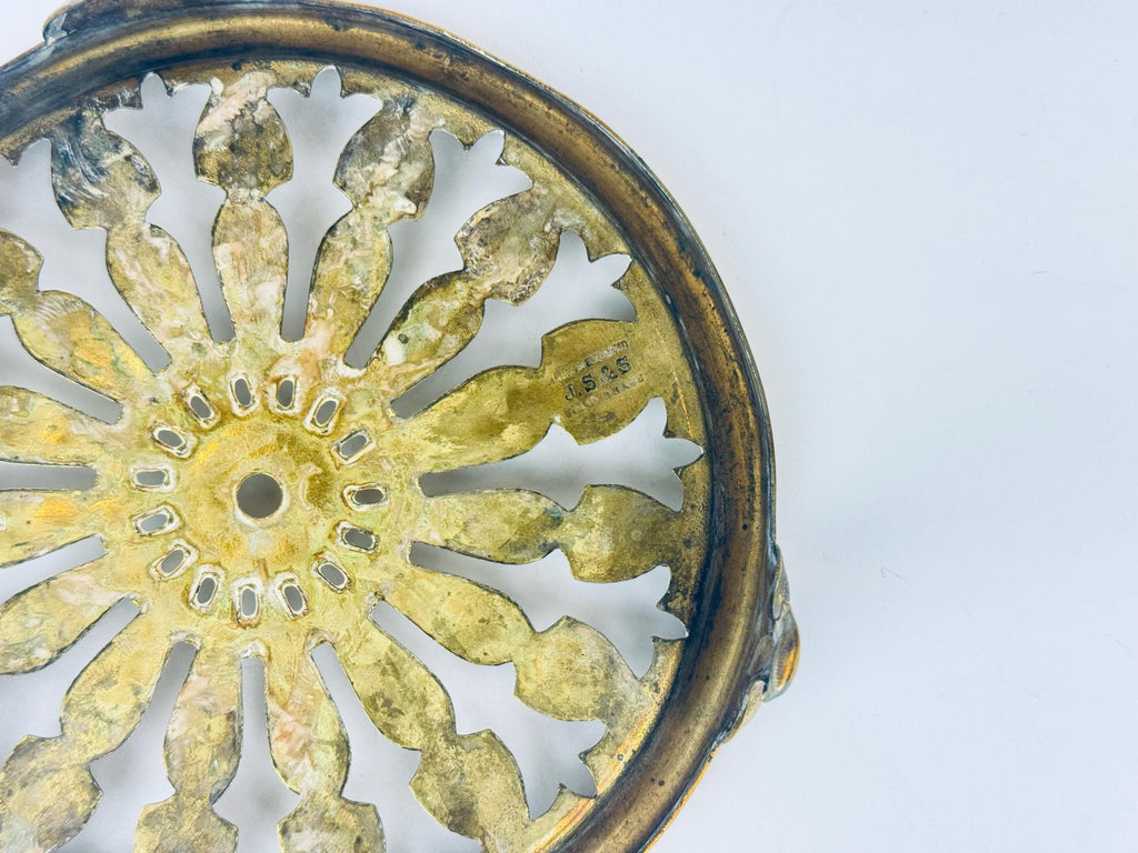 Product image for 'antique js s solid brass footed kettle trivet table saver attractive aged metal patina joseph sankey and sons made in england' (view 854301)