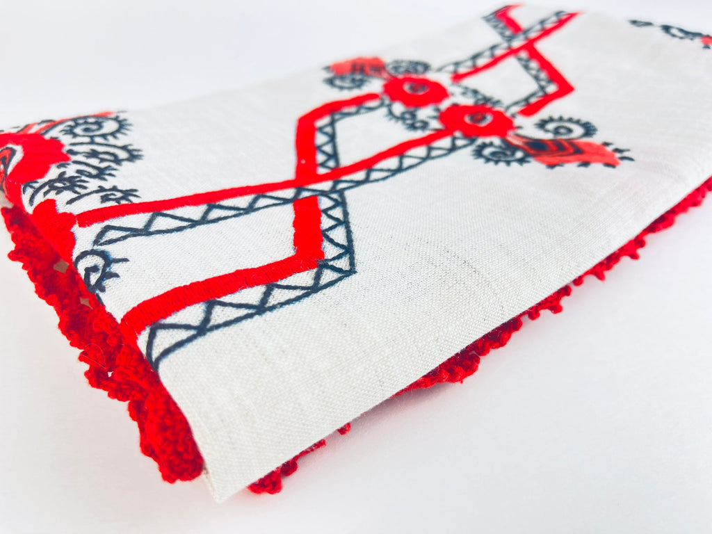 Product image for 'vintage embroidered table runner linen red black floral red stitch fringe' (view 0fc88f)