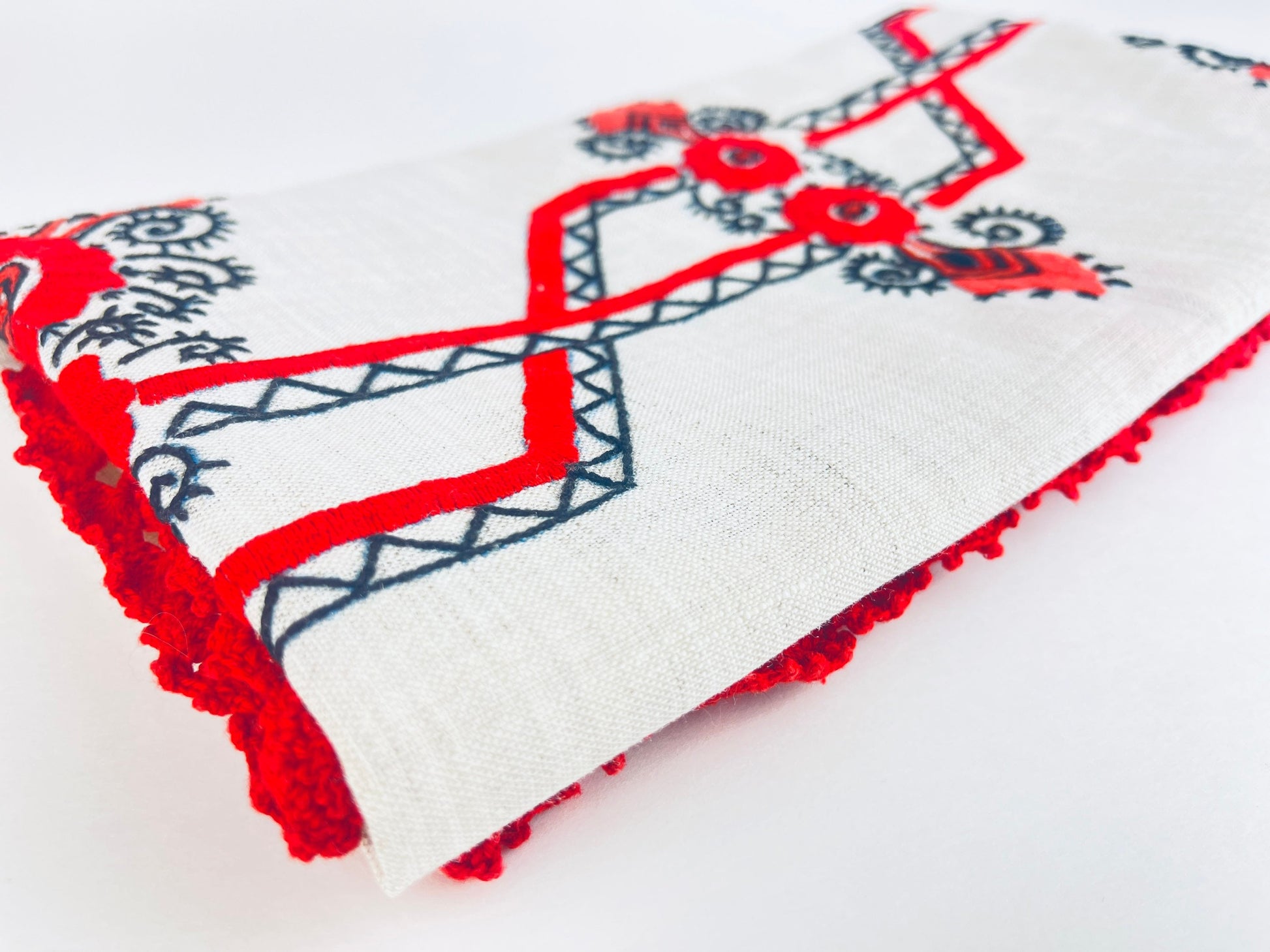 Product image for 'vintage embroidered table runner linen red black floral red stitch fringe' (view 0fc88f)