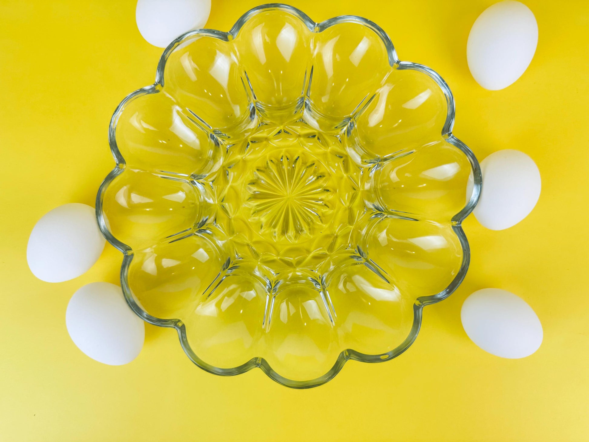 Product image for 'vintage anchor hocking clear glass devilled egg plate holds dozen 12 eggs' (view ef855f)