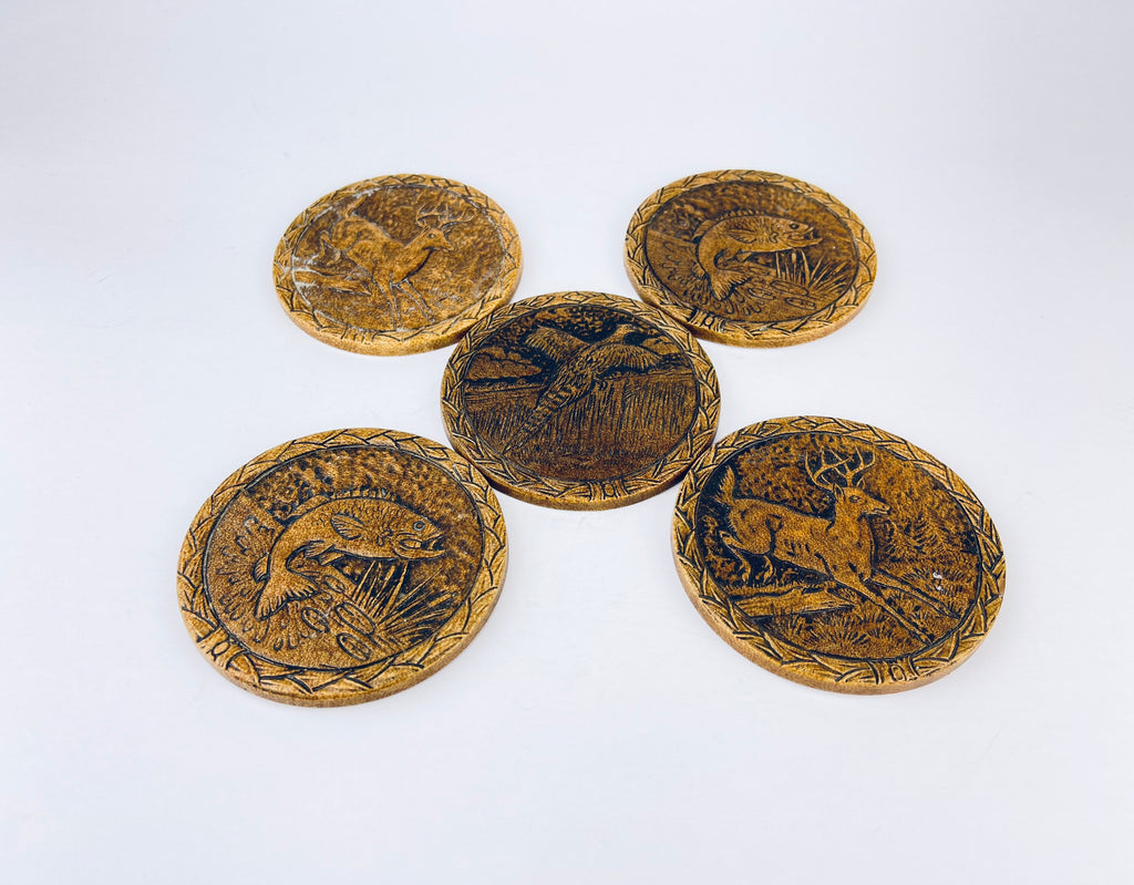 Product image for 'vintage faux wood outdoorsman coaster set set of five 5 pheasant deer fish' (view 968de5)