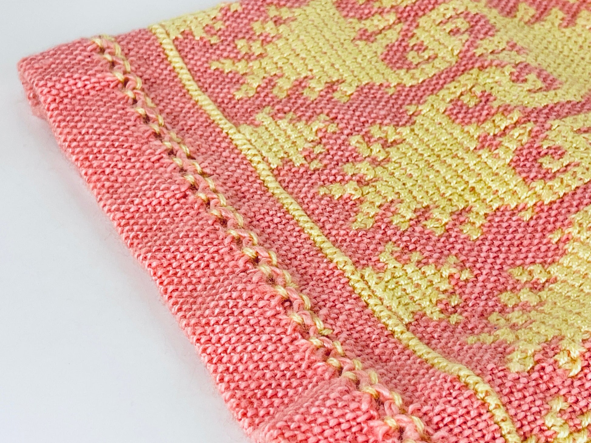 Product image for 'vintage pink yellow hand embroidered rectangular table runner geometric pattern' (view da00fb)