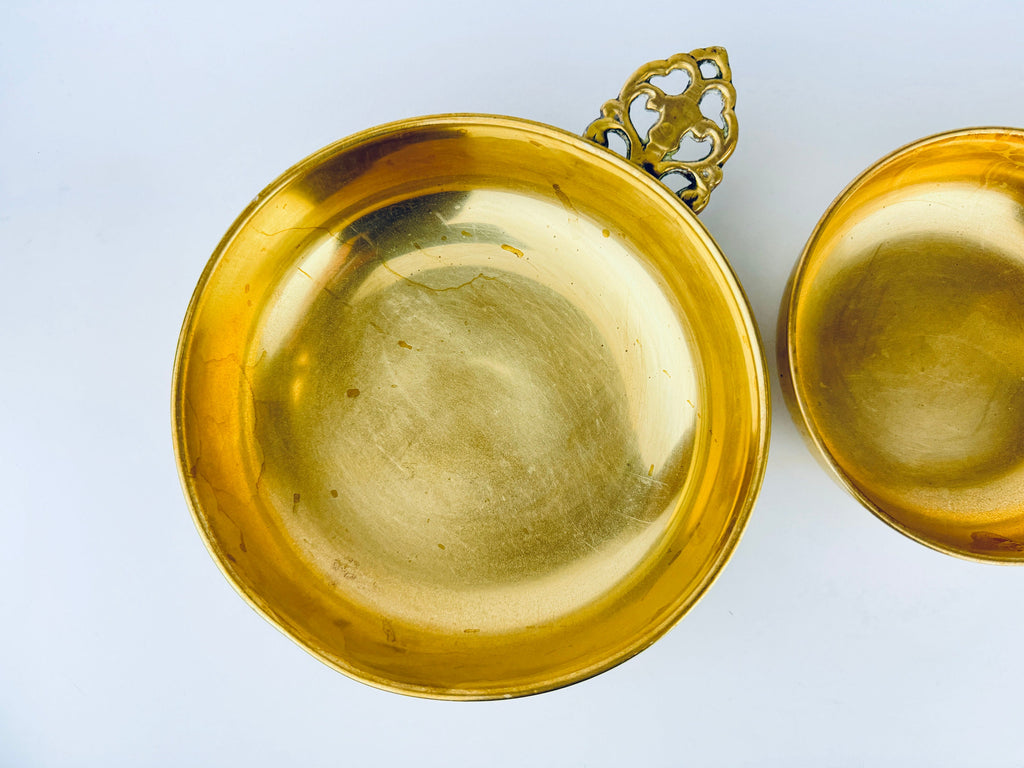 Product image for 'large ornate handled round brass bowls set of two 2 attractive aged metal patina' (view 06e21e)