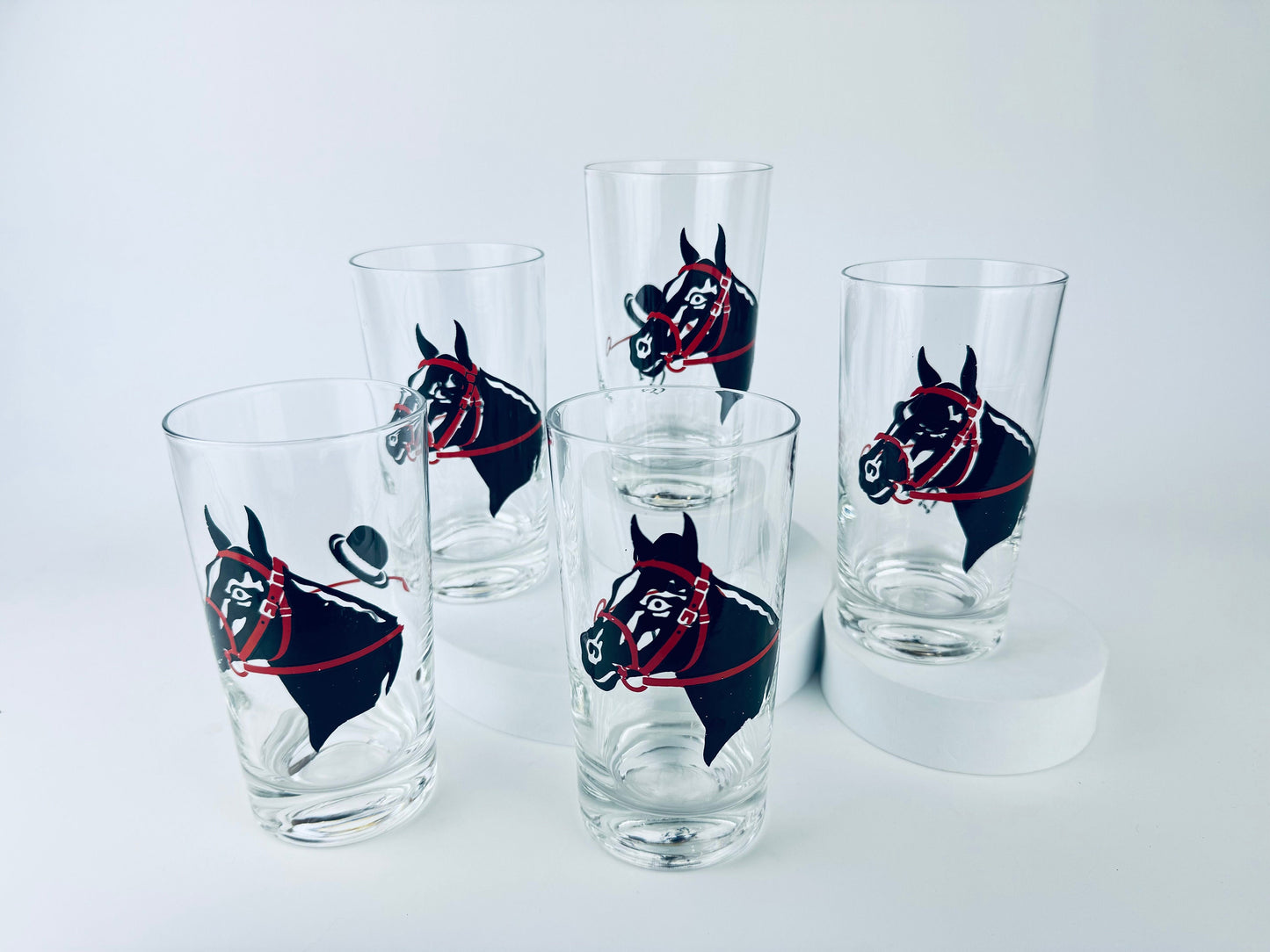 Product image for 'vintage racing kentucky derby hat horse equestrian drinking highball barware glasses federal glass set of five 5' (view d6bd78)
