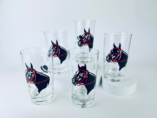 Product image for 'vintage racing kentucky derby hat horse equestrian drinking highball barware glasses federal glass set of five 5' (view d6bd78)