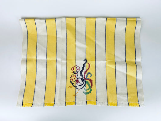 Product image for 'vintage yellow blue beige striped linen tea towel embroidered rooster front made in poland new old stock nos' (view c6856a)