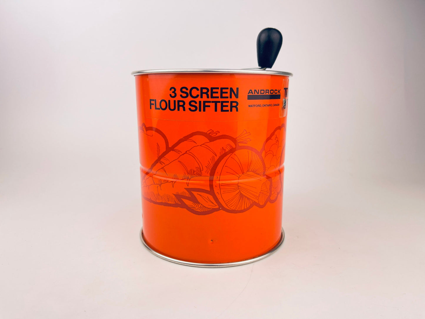 Product image for 'vintage orange metal flour sifter merry mushroom veggie pattern three 3 screen layers new old stock nos' (view 443ad4)