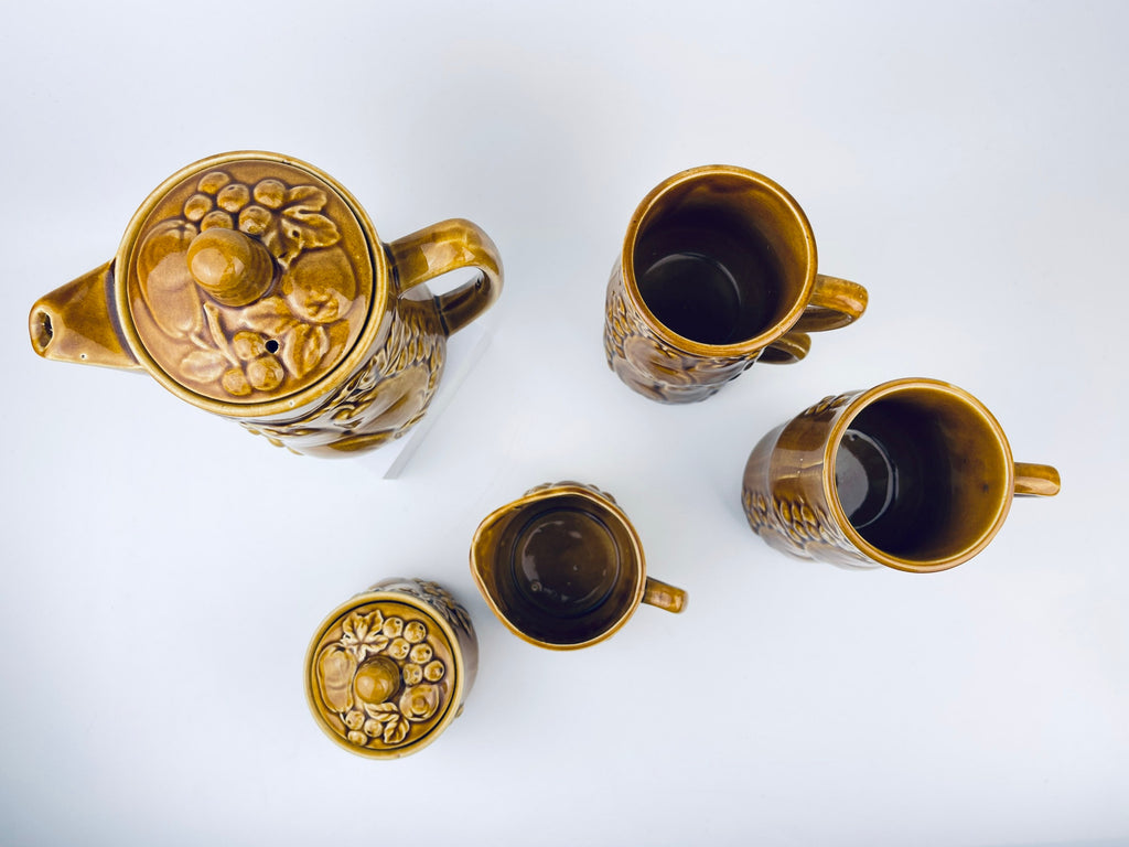 Product image for 'vintage brown ceramic fruit pattern tea set tea kettle cream sugar tea cups made in japan' (view 1c447c)