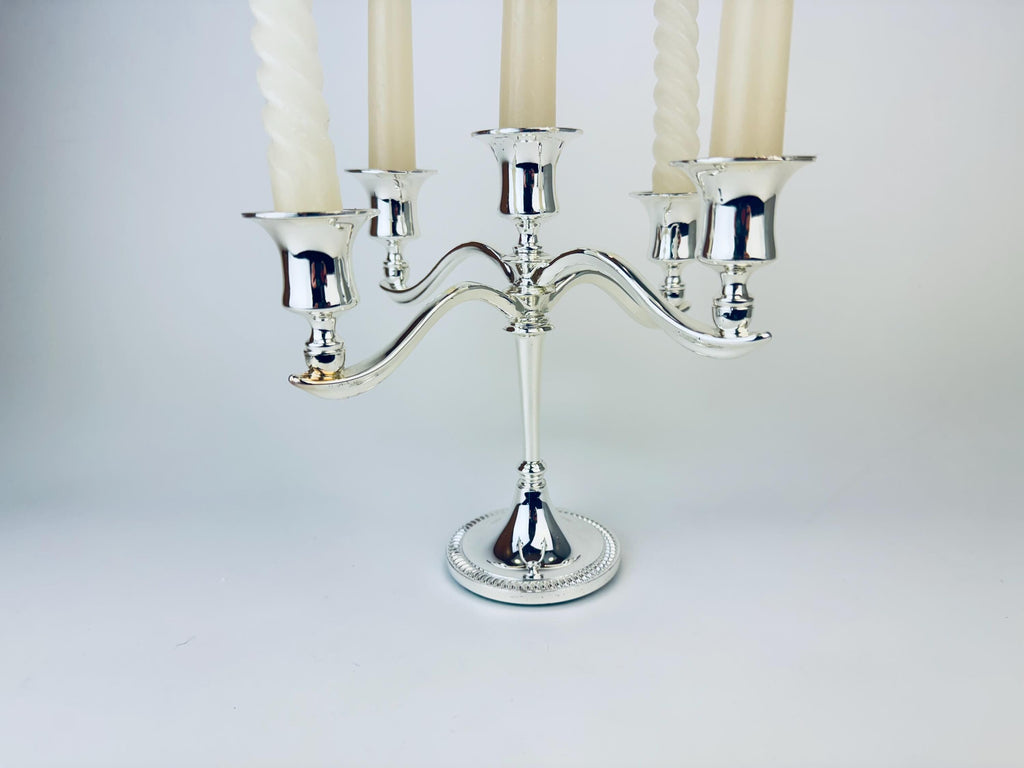 Product image for 'vintage ornate silver plated candelabra candlestick holder green felt bottom made in england' (view c8bca0)