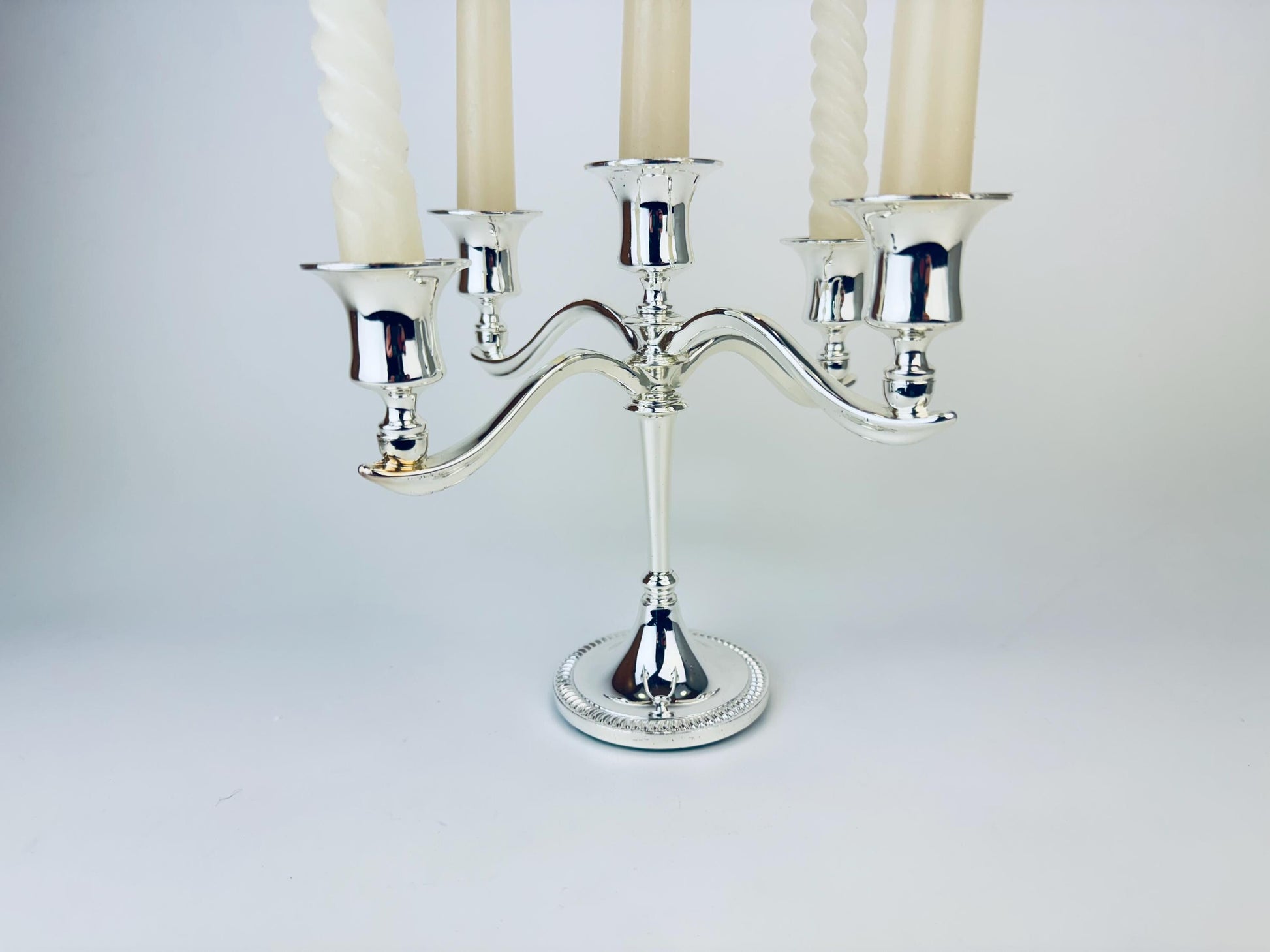 Product image for 'vintage ornate silver plated candelabra candlestick holder green felt bottom made in england' (view c8bca0)
