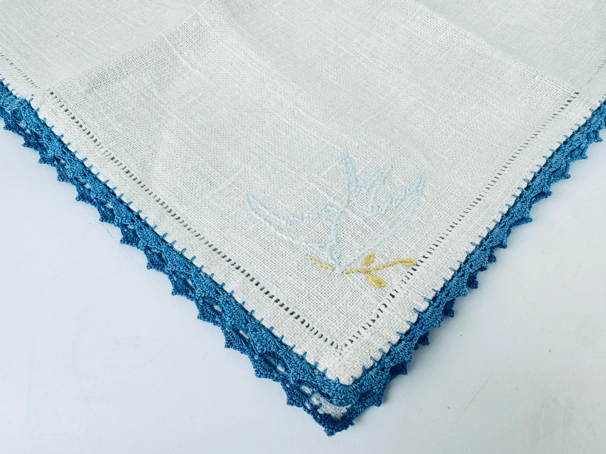 Product image for 'vintage 1940s embroidered linen napkins beige blue lace edge bird motif set of 4 table linens' (view 460e81)