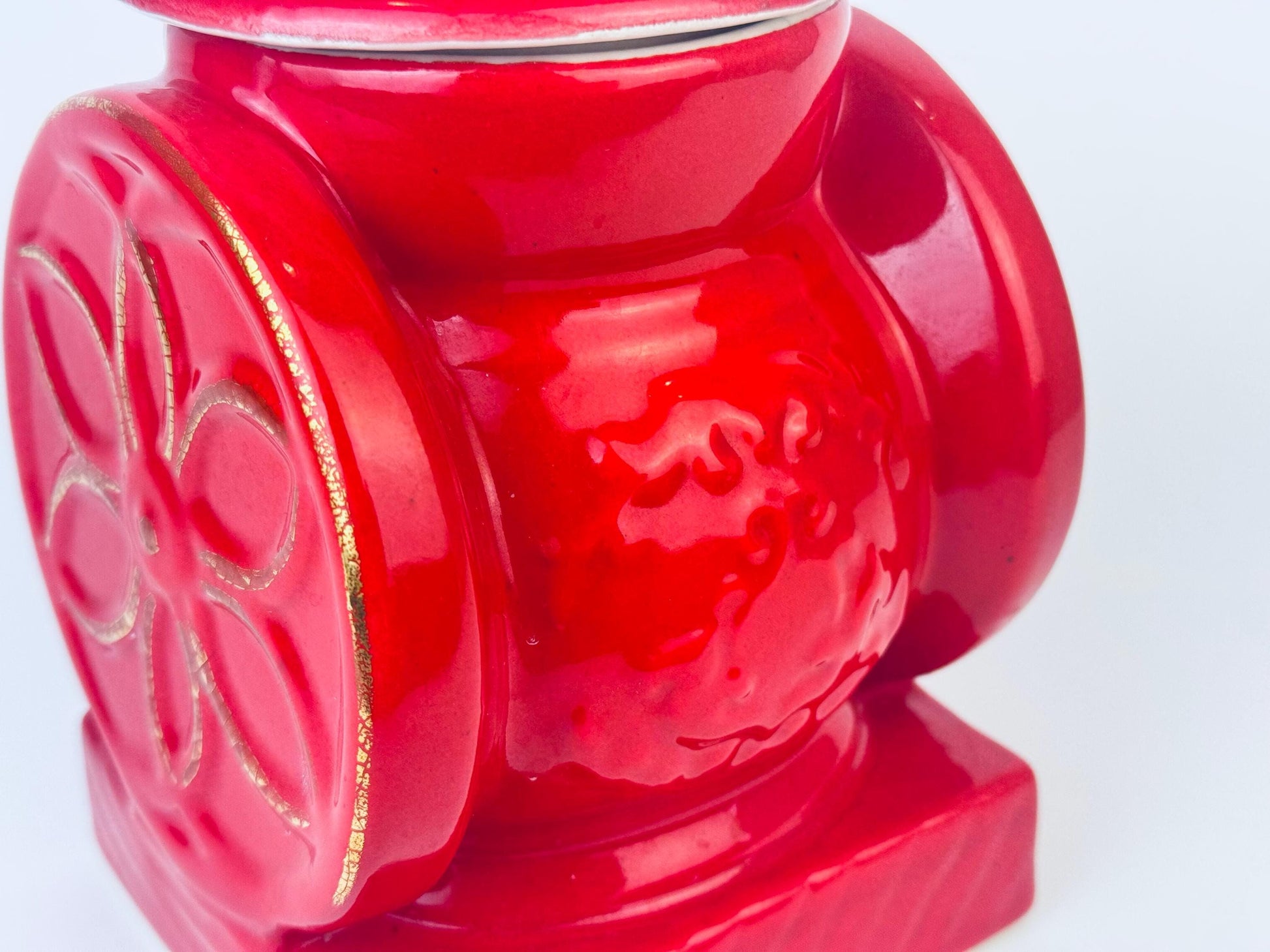 Product image for 'vintage house of webster cookie biscuit jar red gold ceramic coffee grinder canister made in eastland texas usa' (view 159db9)