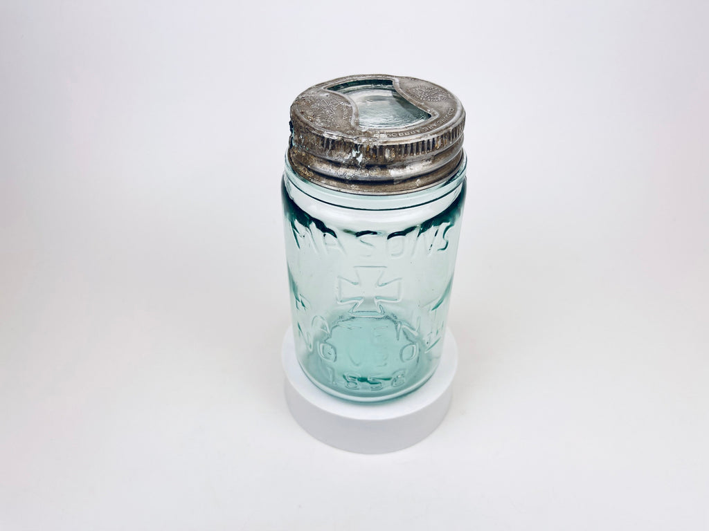 Product image for 'antique mason s aqua blue glass jar 1858 patent with presto lid good housekeeping seal' (view 1b0467)
