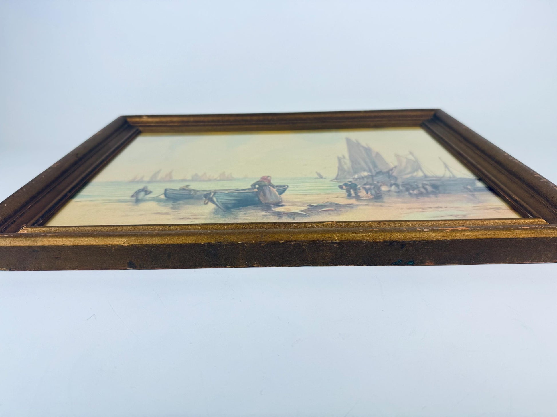 Product image for 'vintage framed coastal lithograph art whitby sands maritime scene m b r inc ny 1940s seaside print' (view 808a03)