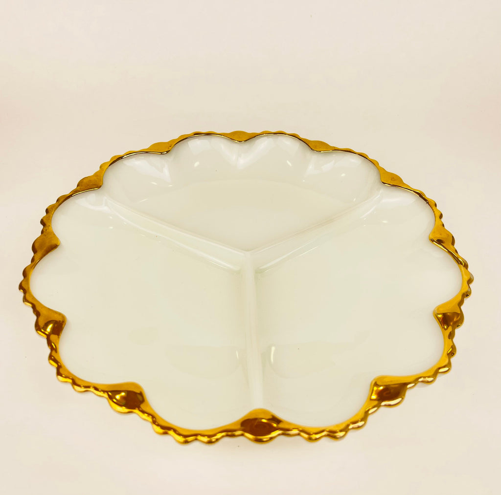 Product image for 'vintage anchor hocking milk glass divided serving dish gold rimmed edge' (view 095296)