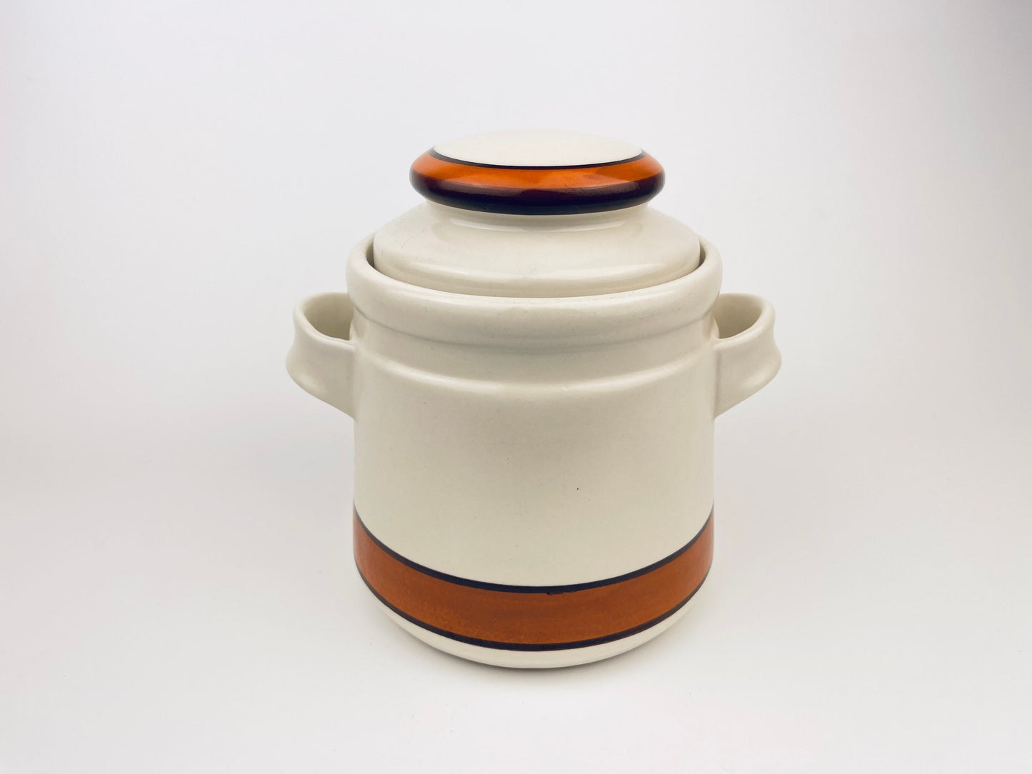 Product image for 'vintage california pottery ceramic lidded jar orange brown striped made in usa' (view 623193)
