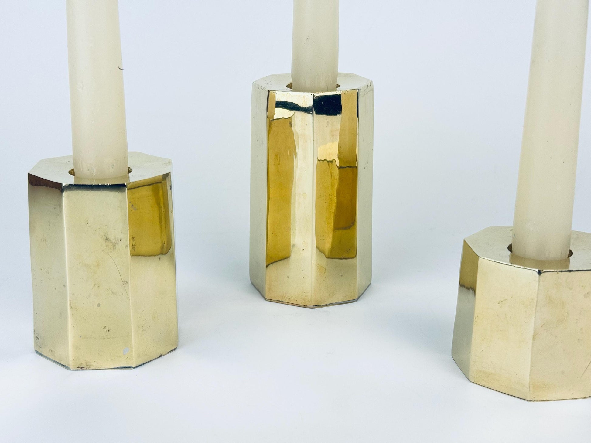 Product image for 'vintage hexagonal solid brass candle stick holders set of three 3' (view e787e9)