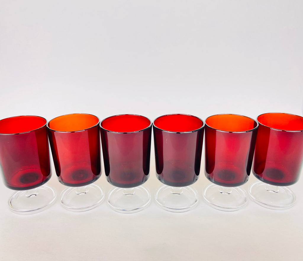 Product image for 'vintage cranberry red drinking glasses goblets set of six 6 made by luminarc in france' (view cd6381)