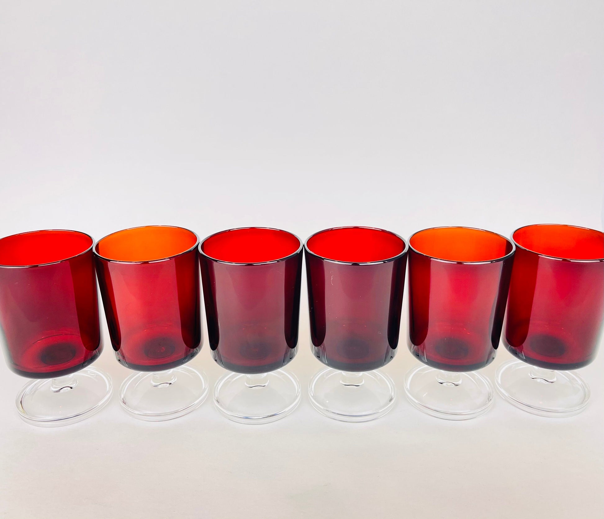 Product image for 'vintage cranberry red drinking glasses goblets set of six 6 made by luminarc in france' (view cd6381)